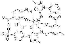 CAS # 73287-40-8, [4-[4,5-Dihydro-4-[(2-hydroxy-5-methyl-3-nitrophenyl)azo]-3-methyl-5-oxo-1H-pyrazol-1-yl]benzenesulfonato][2,4-dihydro-4-[(2-hydroxy-4-nitrophenyl)azo]-5-methyl-2-phenyl-3H-pyrazol-3-onato]dihydrogen chromate