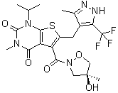 CAS # 733809-45-5, 5-[[(4S)-4-Hydroxy-4-methyl-2-isoxazolidinyl]carbonyl]-3-methyl-1-(1-methylethyl)-6-[[3-methyl-5-(trifluoromethyl)-1H-pyrazol-4-yl]methyl]-thieno[2,3-d]pyrimidine-2,4(1H,3H)-dione