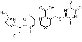 CAS 登录号：73384-59-5, 头孢曲松, 头孢三嗪噻肟, (6R,7R)-7-[[(2E)-2-(2-氨基-1,3-噻唑-4-基)-2-甲氧基亚氨乙酰]氨基]-3-[(2-甲基-5,6-二氧代-1H-1,2,4-三嗪-3-基)硫甲基]-8-氧代-5-硫-1-氮杂双环[4.2.0]辛-2-烯-2-甲酸