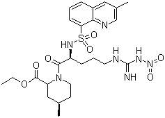 structure of CAS# 74874-09-2, (2R,4R)-1-[(2S)-5-[[亚氨基(硝基氨基)甲基]氨基]-2-[[(3-甲基-8-喹啉基)磺酰基]氨基]-1-氧代戊基]-4-甲基-2-哌啶甲酸乙酯