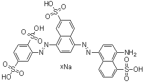 CAS 登录号：75627-27-9, 2-[[4-[(4-氨基-5-磺基-1-萘基)偶氮]-7-磺基-1-萘基]偶氮]-1,4-苯二磺酸钠盐