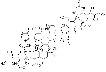 O-(N-Acetyl-alpha-neuraminosyl)-(2→8)-O-(N-acetyl-alpha-neuraminosyl)-(2→3)-O-[O-(N-acetyl-alpha-neuraminosyl)-(2→3)-O-beta-D-galactopyranosyl-(1→3)-2-(acetylamino)-2-deoxy-beta-D-galactopyranosyl-(1→4)]-O-beta-D-galactopyranosyl-(1→4)-D-glucose molecular structure (CAS 75663-36-4)