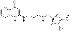 CAS # 757942-43-1, Bederocin, N-[4-Bromo-5-(1-fluorovinyl)-3-methylthiophen-2-ylmethyl]-N'-(4-oxo-1,4-dihydroquinolin-2-yl)propane-1,3-diamine