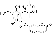 structure of CAS# 76204-02-9, N-Acetyl-2-O-(4-methyl-2-oxo-2H-1-benzopyran-7-yl)-alpha-neuraminic acid monosodium salt