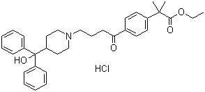CAS # 76811-96-6, Ethyl 4-{4-[4-(hydroxydiphenylmethyl)-1-piperidinyl]-1-oxobutyl}-alpha,alpha-dimethylbenzeneacetate hydrochloride, 4-[4-[4-(Hydroxydiphenylmethyl)-1-piperidinyl]-1-oxobutyl]-a,a-dimethyl-benzeneacetic acid ethyl ester hydrochloride