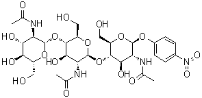 CAS # 7699-38-9, p-Nitrophenyl tri-N-acetylchitotrioside, 4-Nitrophenyl O-2-(acetylamino)-2-deoxy-beta-D-glucopyranosyl-(1→4)-O-2-(acetylamino)-2-deoxy-beta-D-glucopyranosyl-(1→4)-2-(acetylamino)-2-deoxy-beta-D-glucopyranoside