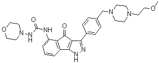 structure of CAS# 784210-88-4, N-[1,4-Dihydro-3-[4-[[4-(2-methoxyethyl)-1-piperazinyl]methyl]phenyl]-4-oxoindeno[1,2-c]pyrazol-5-yl]-N'-4-morpholinylurea