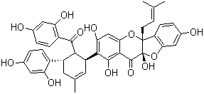 CAS # 80651-76-9, Sanggenon C, Sanggenone C, (5aR,10aS)-2-[(1S,5S,6R)-6-(2,4-Dihydroxybenzoyl)-5-(2,4-dihydroxyphenyl)-3-methyl-2-cyclohexen-1-yl]-5a,10a-dihydro-1,3,8,10a-tetrahydroxy-5a-(3-methyl-2-buten-1-yl)-11H-benzofuro[3,2-b][1]benzopyran-11-one