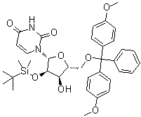 CAS # 81246-80-2, 2'-O-tert-Butyldimethylsilyl-5'-O-(4,4'-dimethoxytrityl)uridine, 1-[(2R,3R,4R,5R)-5-[[bis(4-methoxyphenyl)-phenylmethoxy]methyl]-3-[tert-butyl(dimethyl)silyl]oxy-4-hydroxyoxolan-2-yl]pyrimidine-2,4-dione