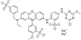 CAS # 83929-57-1, 3-[[4-[(4-Chloro-6-methoxy-1,3,5-triazin-2-yl)amino]-2-sulfophenyl]amino]-7-[ethyl[(3-sulfophenyl)methyl]amino]-5-(4-methoxy-3-sulfophenyl)phenazinium inner salt disodium salt