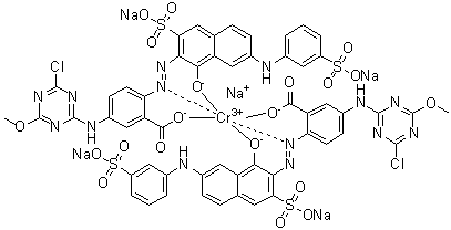 CAS # 83984-90-1, Pentasodium bis[5-[(4-chloro-6-methoxy-1,3,5-triazin-2-yl)amino]-2-[[1-hydroxy-3-sulfo-7-[(3-sulfophenyl)amino]-2-naphthalenyl]azo]benzoato]chromate