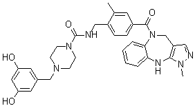 CAS # 847375-16-0, WAY 267464, N-[[4-[(4,10-Dihydro-1-methylpyrazolo[3,4-b][1,5]benzodiazepin-5(1H)-yl)carbonyl]-2-methylphenyl]methyl]-4-[(3,5-dihydroxyphenyl)methyl]-1-piperazinecarboxamide