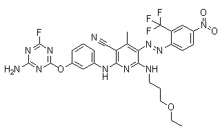 CAS # 85495-56-3, 2-[[3-[(4-Amino-6-fluoro-1,3,5-triazin-2-yl)oxy]phenyl]amino]-6-[(3-ethoxypropyl)amino]-4-methyl-5-[2-[4-nitro-2-(trifluoromethyl)phenyl]diazenyl]-3-pyridinecarbonitrile