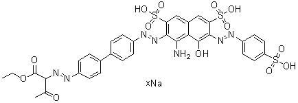 CAS # 85750-01-2, 2-[[4'-[[1-Amino-8-hydroxy-3,6-disulfo-7-[(4-sulfophenyl)azo]-2-naphthalenyl]azo][1,1'-biphenyl]-4-yl]azo]-3-oxobutanoic acid 1-ethyl ester sodium salt