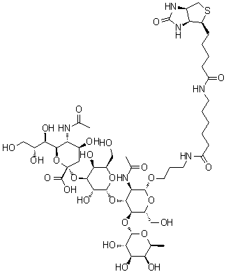 CAS 登录号：870892-98-1, (3aS,4S,6aR)-N-[6-[[3-[[O-(N-乙酰基-alpha-神经胺酸基)-(2→3)-O-alpha-D-吡喃半乳糖基-(1→3)-O-[6-脱氧-alpha-L-吡喃半乳糖基-(1→4)]-2-(乙酰氨基)-2-脱氧-beta-D-吡喃葡萄糖基]氧基]丙基]氨基]-6-氧代己基]六氢-2-氧代-1H-噻吩并[3,4-d]咪唑-4-戊酰胺