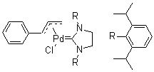 structure of CAS# 884879-24-7, [1,3-Bis(2,6-di-isopropylphenyl)-4,5-dihydroimidazol-2-ylidene]chloro[3-phenylallyl]palladium(II)