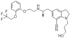CAS # 885340-13-6, 2,3-Dihydro-1-(3-hydroxypropyl)-5-[(2R)-2-[[2-[2-(2,2,2-trifluoroethoxy)phenoxy]ethyl]amino]propyl]-1H-indole-7-carbonitrile