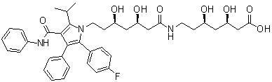 structure of CAS# 887196-24-9, (3R,5R)-7-[[(3R,5R)-7-[2-(4-氟苯基)-5-(1-甲基乙基)-3-苯基-4-[(苯基氨基)羰基]-1H-吡咯-1-基]-3,5-二羟基-1-氧代庚基]氨基]-3,5-二羟基庚酸