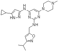 CAS # 898280-07-4, N4-(5-Cyclopropyl-1H-pyrazol-3-yl)-N2-[[3-(1-methylethyl)-5-isoxazolyl]methyl]-6-(4-methyl-1-piperazinyl)-2,4-pyrimidinediamine