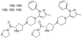 structure of CAS# 906093-29-6, 3-[[(2S,4S)-4-[4-(3-甲基-1-苯基-1H-吡唑-5-基)-1-哌嗪基]-2-吡咯烷基]羰基]-噻唑烷氢溴酸盐(2:5)