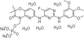 CAS 登录号：914295-16-2, 6-[[5-氟-2-[(3,4,5-三甲氧基苯基)氨基]-4-嘧啶基]氨基]-2,2-二甲基-4-[(磷酰氧)甲基]-2H-吡啶并[3,2-b]-1,4-恶嗪-3(4H)-酮二钠盐六水合物