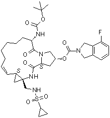 CAS # 924302-43-2, Danoprevir, 4-Fluoro-1,3-dihydro-2H-isoindole-2-carboxylic acid (2R,6S,12Z,13aS,14aR,16aS)-14a-[[(cyclopropylsulfonyl)amino]methyl]-6-[[(1,1-dimethylethoxy)carbonyl]amino]-1,2,3,5,6,7,8,9,10,11,13a,14,14a,15,16,16a-hexadecahydro-5,16-dioxocyclopropa[e]pyrrolo[1,2-a][1,4]diazacyclopentadecin-2-yl ester