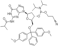 structure of CAS# 93183-15-4, 5'-O-(4,4-二甲氧基三苯甲基)-N-异丁酰基-2'-脱氧鸟苷-3'-(2-氰基乙基-N,N-二异丙基)亚磷酰胺