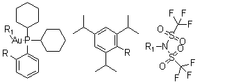 structure of CAS# 934506-10-2, 2-Dicyclohexylphosphino-2',4',6'-triisopropylbiphenyl gold(I) bis(trifluoro methanesulfonyl)imide