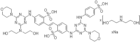 CAS # 93804-40-1, 2-[2-[4-[[4-[Bis(2-hydroxyethyl)amino]-6-(4-morpholinyl)-1,3,5-triazin-2-yl]amino]-2-sulfophenyl]ethenyl]-5-[[4-(4-morpholinyl)-6-[(4-sulfophenyl)amino]-1,3,5-triazin-2-yl]amino]-benzenesulfonic acid sodium salt compd. with 2,2'-iminobis[ethanol]