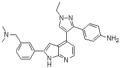 structure of CAS# 942919-53-1, 3-[4-[3-(4-Aminophenyl)-1-ethyl-1H-pyrazol-4-yl]-1H-pyrrolo[2,3-b]pyridin-2-yl]-N,N-dimethylbenzenemethanamine
