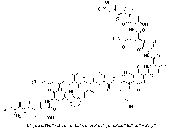 CAS # 944727-24-6, L-Cysteinyl-L-alanyl-L-threonyl-L-tryptophyl-L-lysyl-L-valyl-L-isoleucyl-L-cysteinyl-L-lysyl-L-seryl-L-cysteinyl-L-isoleucyl-L-seryl-L-glutaminyl-L-threonyl-L-prolyl-glycine