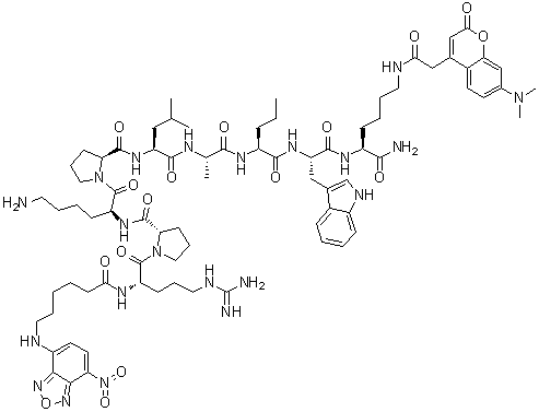 CAS # 945414-97-1, N2-[6-[(7-Nitro-2,1,3-benzoxadiazol-4-yl)amino]-1-oxohexyl]-L-arginyl-L-prolyl-L-lysyl-L-prolyl-L-leucyl-L-alanyl-L-norvalyl-L-tryptophyl-N6-[2-[7-(dimethylamino)-2-oxo-2H-1-benzopyran-4-yl]acetyl]-L-lysinamide