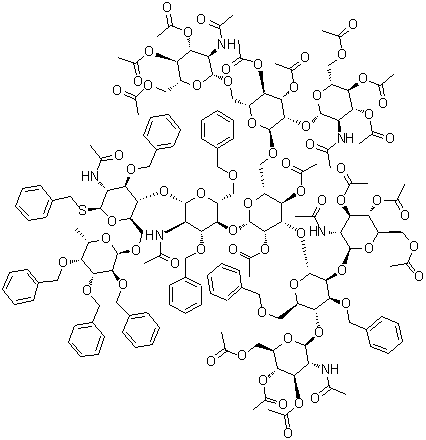 CAS # 946076-10-4, Phenylmethyl O-3,4,6-tri-O-acetyl-2-(acetylamino)-2-deoxy-beta-D-glucopyranosyl-(1→2)-O-[3,4,6-tri-O-acetyl-2-(acetylamino)-2-deoxy-beta-D-glucopyranosyl-(1→4)]-O-3,6-bis-O-(phenylmethyl)-alpha-D-mannopyranosyl-(1→3)-O-[O-3,4,6-tri-O-acetyl-2-(acetylamino)-2-deoxy-beta-D-glucopyranosyl-(1→2)-O-[3,4,6-tri-O-acetyl-2-(acetylamino)-2-deoxy-beta-D-glucopyranosyl-(1→6)]-3,4-di-O-acetyl-alpha-D-mannopyranosyl-(1→6)]-O-2,4-di-O-acetyl-beta-D-mannopyranosyl-(1→4)-O-2-(acetylamino)-2-deoxy-3,6-bis-O-(phenylmethyl)-beta-D-glucopyranosyl-(1→4)-O-[6-deoxy-2,3,4-tris-O-(phenylmethyl)-alpha-L-galactopyranosyl-(1→6)]-2-(acetylamino)-2-deoxy-3-O-(phenylmethyl)-1-thio-beta-D-glucopyranoside