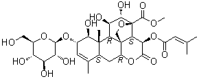 CAS # 95258-20-1, Yadanzioside E, (1beta,2alpha,11beta,12alpha,15beta)-13,20-Epoxy-2-(beta-D-glucopyranosyloxy)-1,11,12-trihydroxy-15-[(3-methyl-1-oxo-2-butenyl)oxy]-16-oxo-picras-3-en-21-oic acid methyl ester