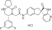 CAS # 957116-20-0, MK 3207 hydrochloride, (8R)-8-(3,5-Difluorophenyl)-10-oxo-N-[(2R)-1,1',2',3-tetrahydro-2'-oxospiro[2H-indene-2,3'-[3H]pyrrolo[2,3-b]pyridin]-5-yl]-6,9-diazaspiro[4.5]decane-9-acetamide hydrochloride
