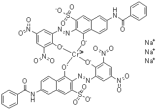 CAS 登录号：97338-25-5, 7-(苯甲酰基氨基)-4-羟基-3-[(2-羟基-3,5-二硝基苯基)偶氮]-2-萘磺酸铬络合物三钠盐