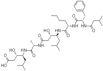 CAS # 98092-14-9, SR 42128, N-(3-Methyl-1-oxobutyl)-L-phenylalanyl-L-norleucyl-(3S,4S)-4-amino-3-hydroxy-6-methylheptanoyl-N-[(1S)-1-[(1S)-2-carboxy-1-hydroxyethyl]-3-methylbutyl]-L-alaninamide