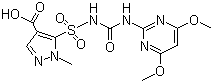 CAS # 98389-04-9, Pyrazosulfuron, 5-[(4,6-dimethoxypyrimidin-2-ylcarbamoyl)sulfamoyl]-1-methylpyrazole-4-carboxylic acid, 5-[[[[(4,6-dimethoxy-2-pyrimidinyl)amino]carbonyl]amino]sulfonyl]-1-methyl-1H-pyrazole-4-carboxylic acid